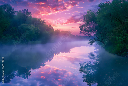 Sunrise Serenity: A Mesmerizing Landscape of Misty River against Forest Backdrop at Dawn © Michael