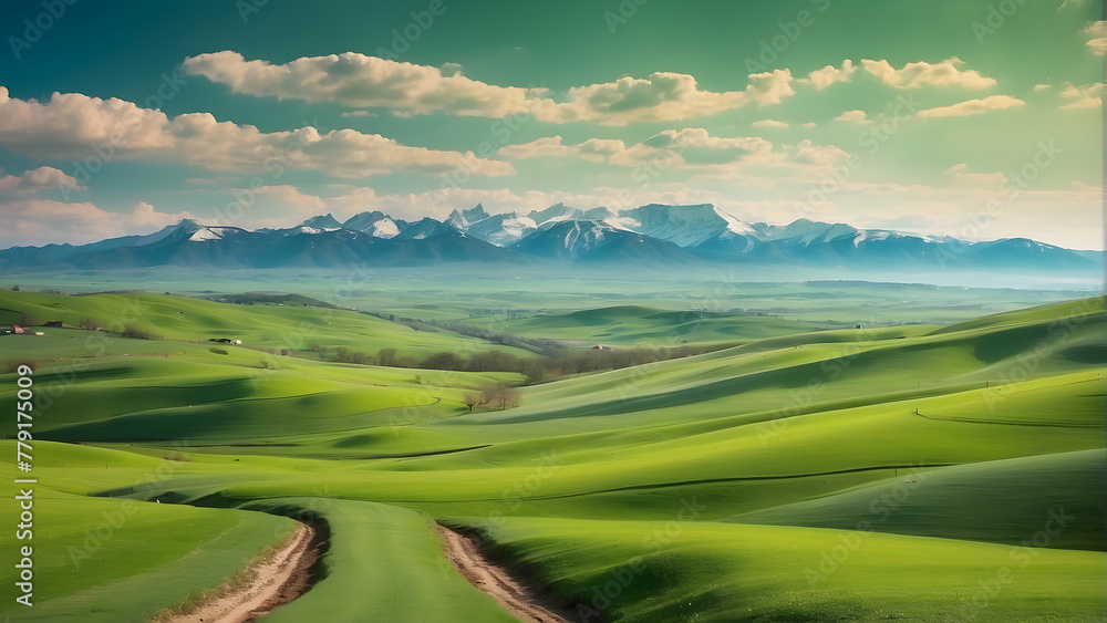 A serene spring landscape with lush green rolling hills under snow-capped mountains and a clear sky evokes tranquility and wonder