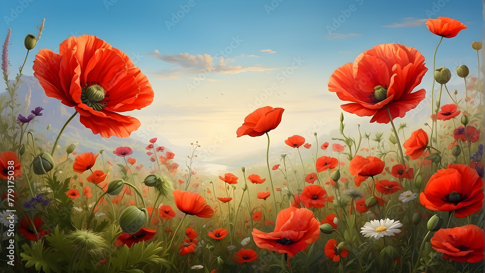 Obraz premium A scenic depiction of a beautiful field of red poppies, capturing the essence of spring season during a calm sunset