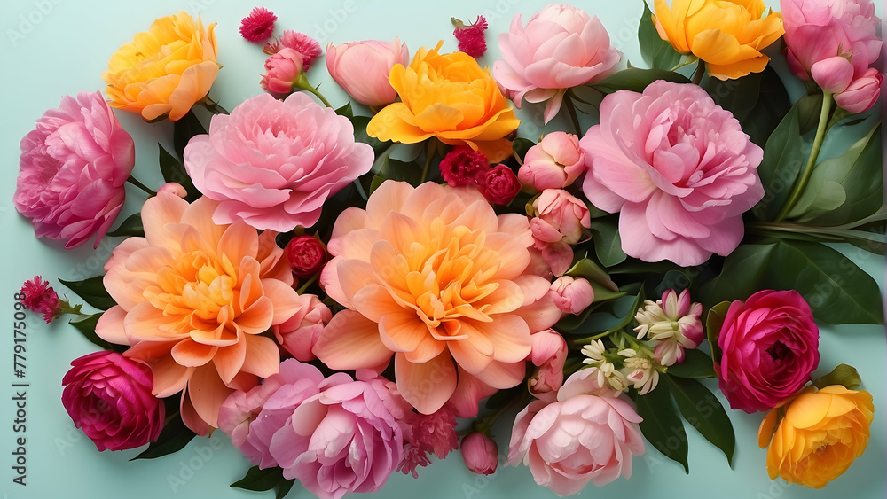 A bright and colorful array of spring flowers showcasing pinks, yellows, and oranges, surrounded by lush green leaves, welcoming the spring season with freshness A bright and colorful array of spring flowers showcasing pinks, yellows, and oranges, surrounded by lush green leaves, welcoming the spring season with freshness