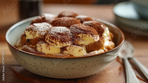 A bowl of tiramisu with layers of sponge cake, mascarpone cheese, coffee, and cocoa powder, dusted with powdered sugar. photo