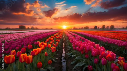 A breathtaking sunset dips below the horizon as it illuminates rows of vibrant tulip fields, encapsulating the beauty of spring photo