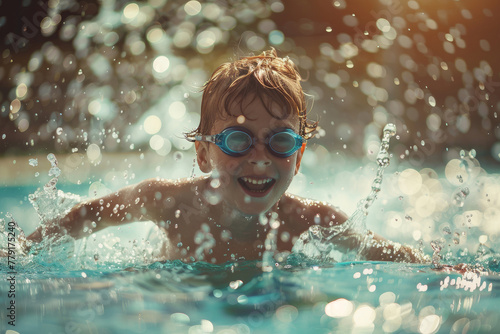 Joyful child swimming in pool, water splashes, goggles on.