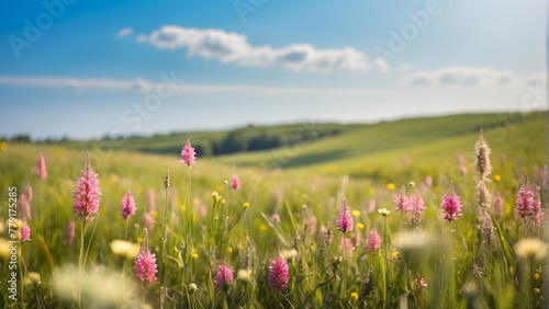 An idyllic landscape portrays spring s gentle side  with soft-hued wildflowers amid lush green fields under a clear blue sky  invoking tranquility and nostalgia