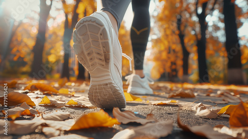 Close up portrait of woman jogging on fall  wearing running shoes in a park