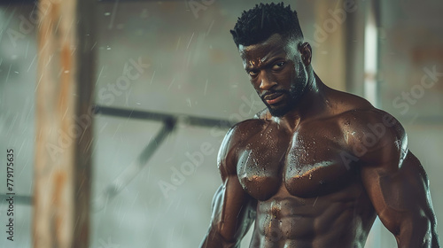 Intense Focus: Muscular Bodybuilder with Determined Gaze Amidst Training Session 