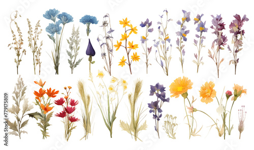 Set of floral elements watercolor oil painted. Flower and green leaves. Wedding, Floral poster, invite arrangements for greeting card or invitation design concept flowers