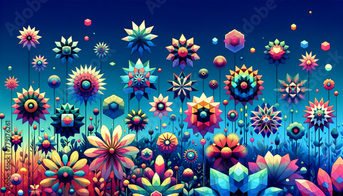 A whimsical and vibrant depiction of a meadow filled with geometrically stylized flowers.