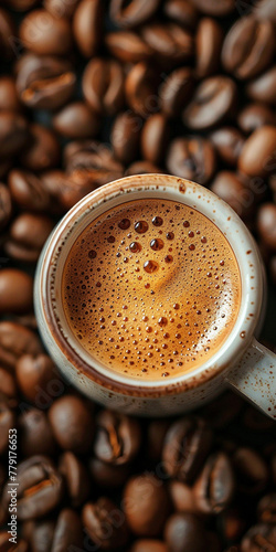 Hot Coffee in Steaming Cup with Coffee Beans Scattered Around