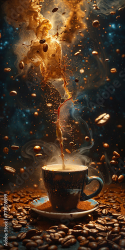Hot Coffee in Steaming Cup with Coffee Beans Scattered Around