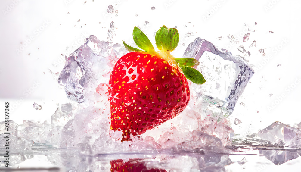 Fototapeta premium Visual Illustration of a Falling Strawberry Colliding with Water and Ice, Turning the Scattering of Ice Pieces into an Artistic Scene