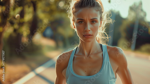 Portrait of active young sweaty caucasian woman jogging in morning