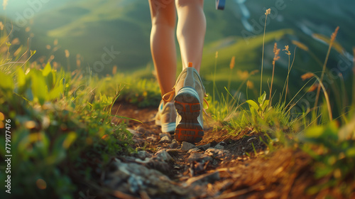 Close up portrait of summer mountain trial hiker feet, walking through green grass path in rays of morning sun shine