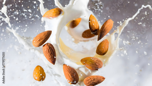 Visual Representation of the Moment a Falling Almonds Collides with Water and Milk  Transformed into an Artistic Scene. Slices and Splashes.