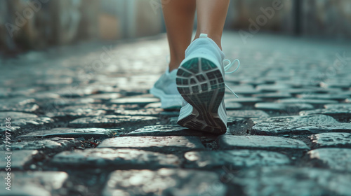 Close up portrait of athletic shoes walking on cobblestone path photo