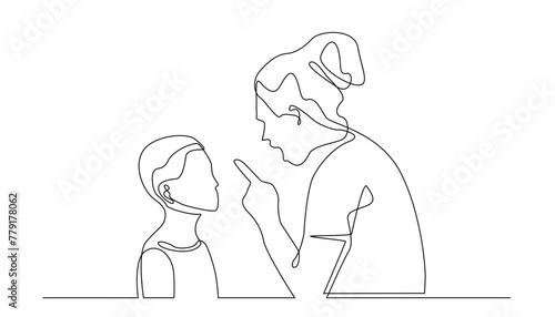 continuous line of mother scolding her child.portrait of mother scolding son one line drawing.home education single line vector