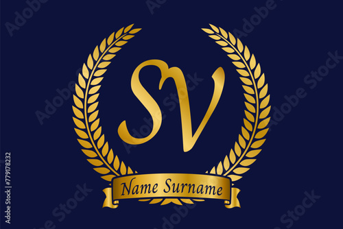 Initial letter S and V, SV monogram logo design with laurel wreath. Luxury golden calligraphy font.
