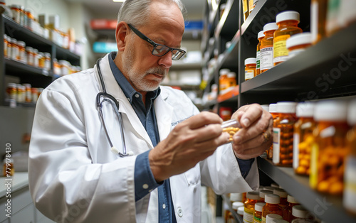 Senior pharmacist checking medicines in pharmacy photo