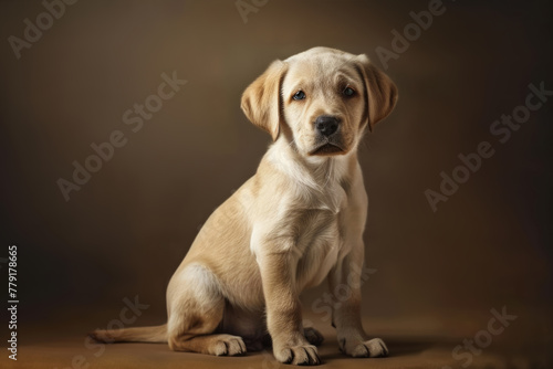 Adorable champagne labrador puppy, sitting up facing front, looking at camera. Closeup shot.