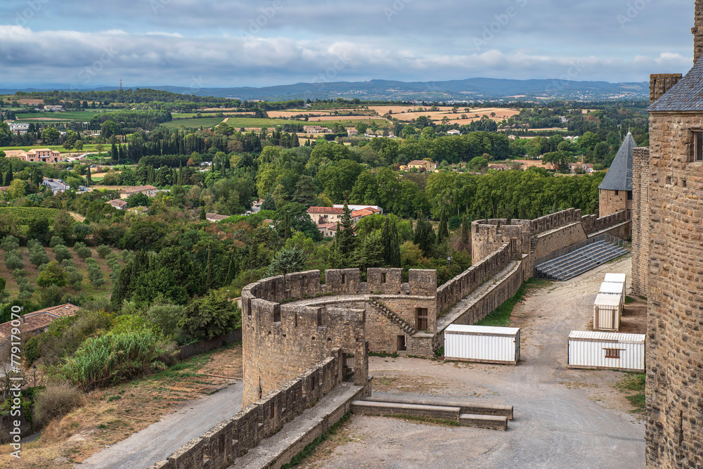 
Architecture of the citadel of the town of Carcassonne with the surrounding nature and town in the south of France