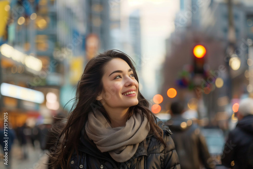 Wallpaper Mural jolie brune, jeune brunette, souriante, regardant les immeubles d'une ville et marchant dans les rues d'une capitale. Elle est habillée avec une écharpe et une doudoune pour affronter froid et hiver  Torontodigital.ca