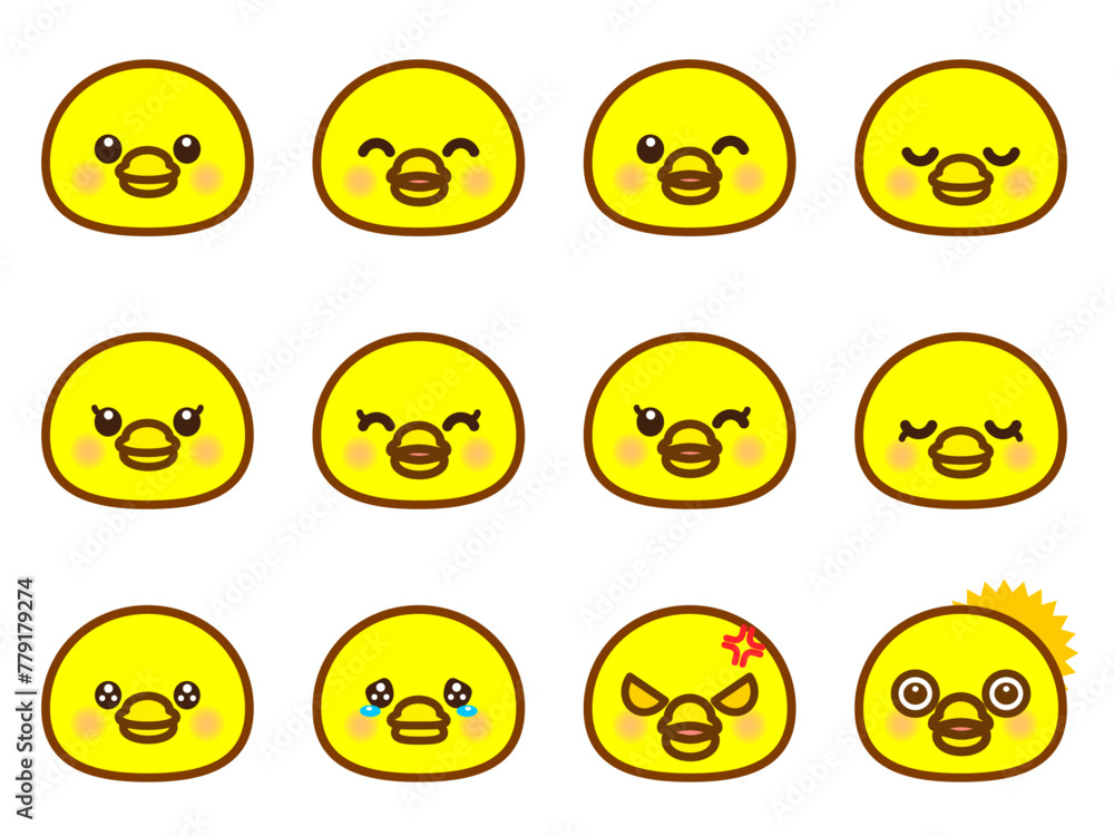 Fototapeta premium かわいいヒヨコの喜怒哀楽アイコンイラスト素材セット3