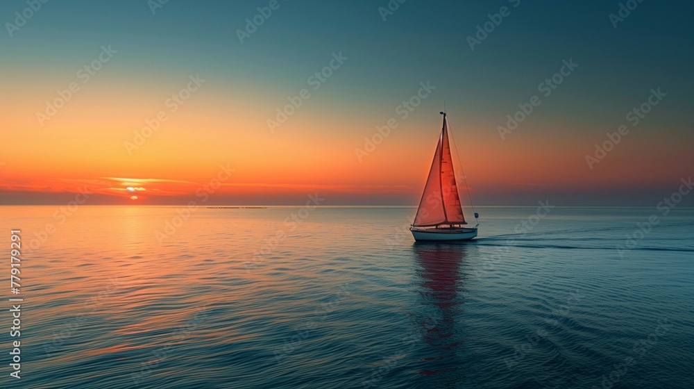 Tranquil Sunset Seascape with Sailboat Silhouette, generative ai
