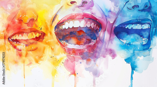 Beautiful laughing woman face abstract watercolor illustration on the paper. happy smile. Happiness emotions. Concepts about emotional health, joy, pleasure, enjoy. Psychology, mentality,feeling.