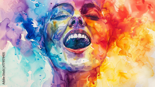 Beautiful laughing woman face abstract watercolor illustration on the paper. happy smile. Happiness emotions. Concepts about emotional health, joy, pleasure, enjoy. Psychology, mentality,feeling.