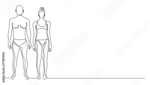 continuous lines of male and female bodies.illustration of healthy male and female bodies drawn in one vector line.single line of male and female bodies facing front