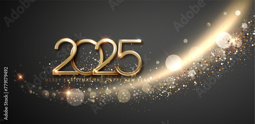 2025 Happy New  Year and Merry Christmas Abstract shiny color gold wave design element radiating elegance and celebration.