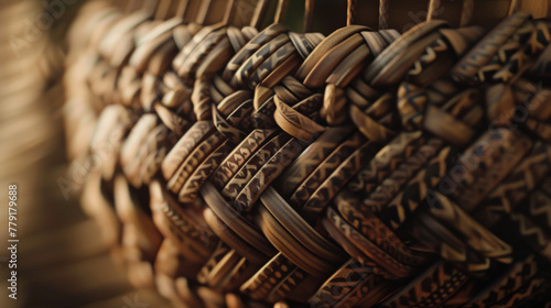 A close-up of a detailed, handwoven basket with intricate patterns and natural materials photo