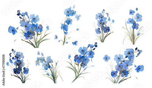 Floral branch set. Blue floral collection with leaves and flowers, han drawn oil paint watercolor. Spring or summer design for invitation, wedding or greeting cards background illustration