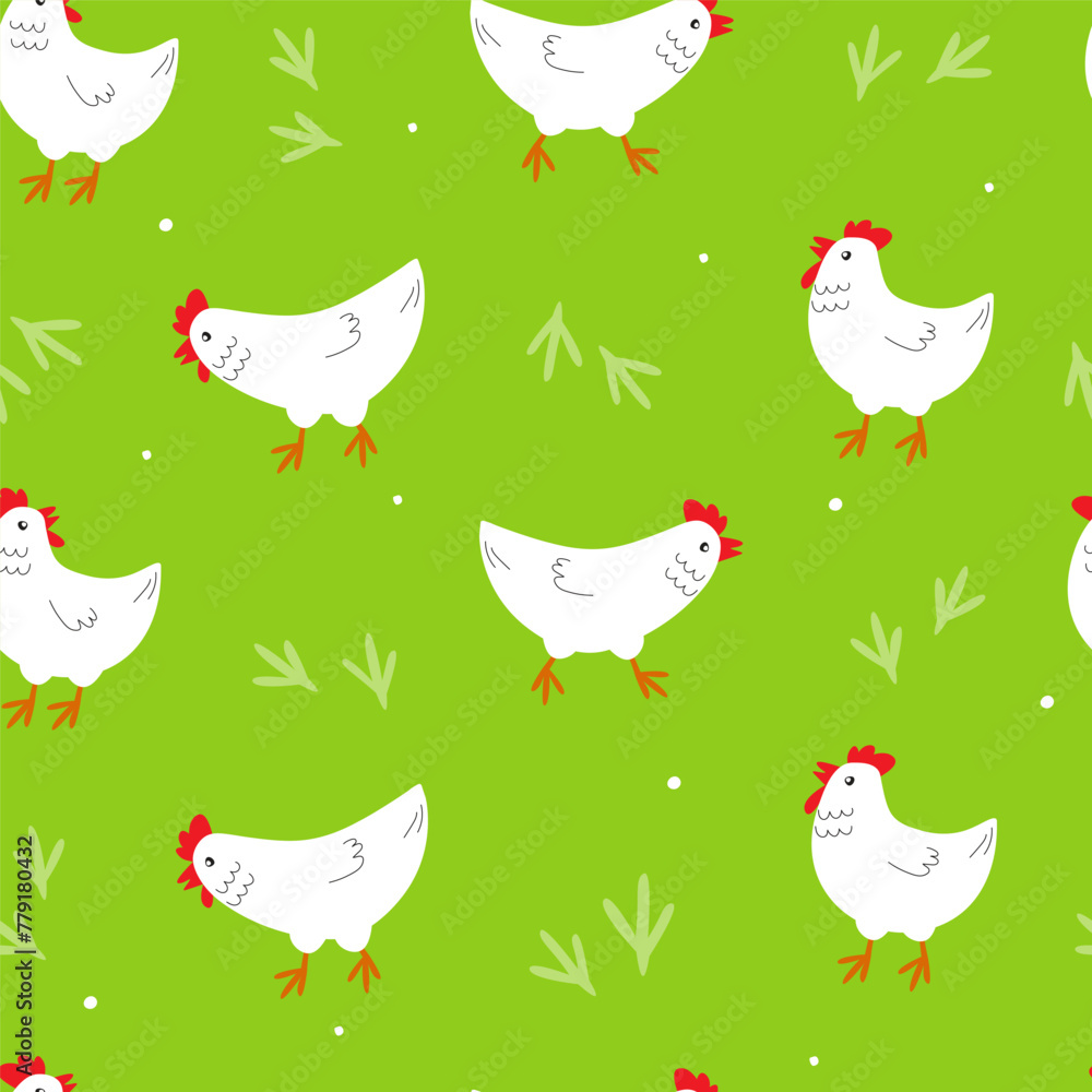 Seamless pattern with cute chickens in summer. Abstract kitchen print with birds. Vector graphics. - obrazy, fototapety, plakaty 