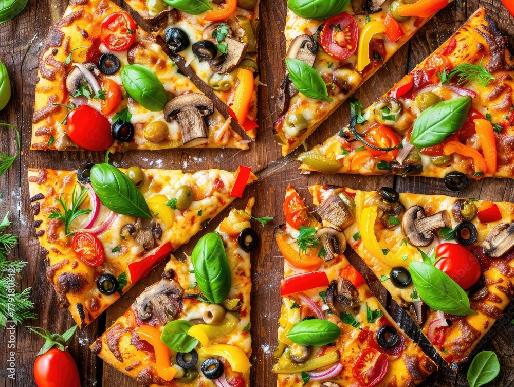 vegetable pizza, cut into wedges, is showcased from above on a rustic wooden table. Colorful toppings like bell peppers, mushrooms, tomatoes, and olives 