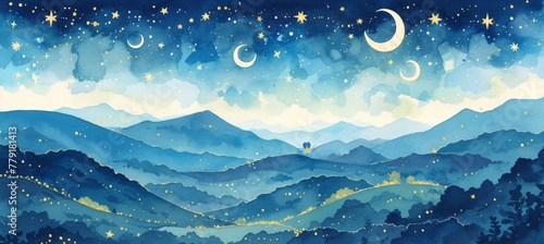 A whimsical watercolor ilration of the night sky, with twinkling stars and glowing moons floating above rolling hills.  photo