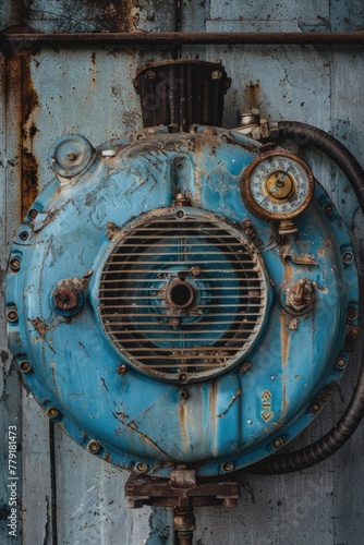 An old, rusty, blue machine with a lot of rust on it. Suitable for industrial concepts