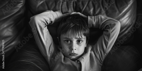 A young boy sitting on a couch with his hands on his head. Suitable for various lifestyle and family-related concepts © Fotograf