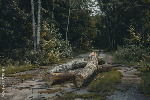 Fallen tree blocking dirt road, suitable for outdoor and nature themes