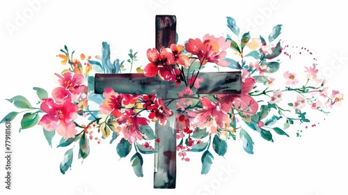 A beautiful watercolor painting of a cross surrounded by flowers. Suitable for religious themes or memorial designs