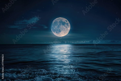 Full moon shining over the calm ocean, perfect for night-themed designs