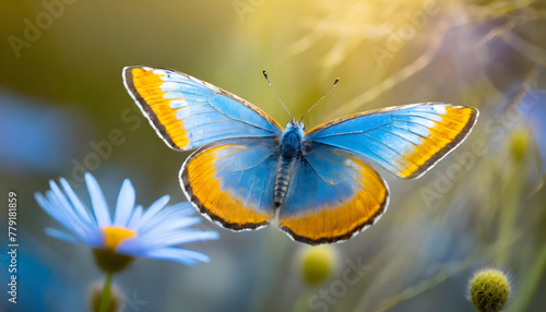 The Majestic Meeting of Azure and Sunny: Butterfly and Flower. Generative AI © SolaruS