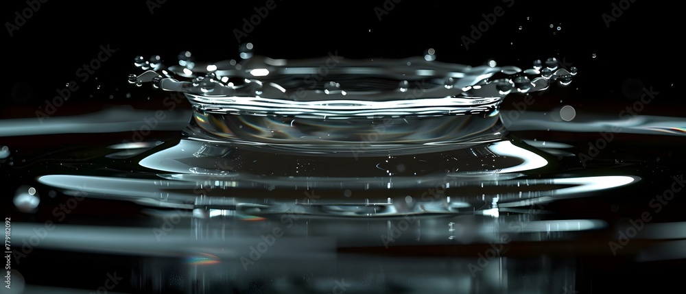 Serene Water Droplet Freeze Frame on Dark Backdrop. Concept Water Droplets, Freeze Frame, Dark Backdrop, Serene, Photography