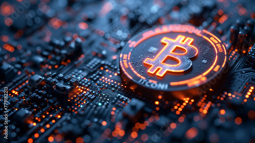 Bitcoin on circuit board - blockchain technology
