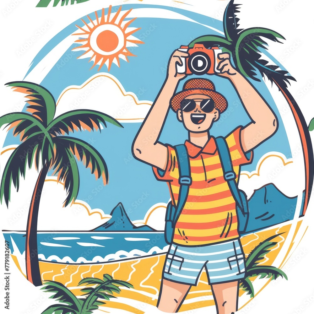 A man capturing a scenic beach view, ideal for travel concepts