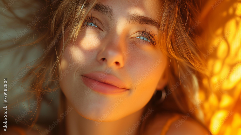 Relaxed blond smiling young girl with blue eyes and sunlight on her face is staying in bed. Natural woman beauty concept. Selective focus. Sunny day. Relaxed blond smiling young girl with blue eyes and sunlight on her face is staying in bed. Natural woman beauty concept. Selective focus. Sunny day.