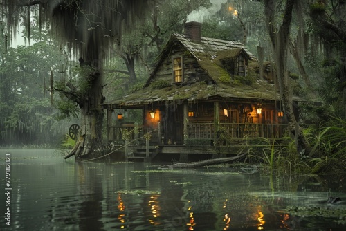 A small cabin surrounded by swamp water. Ideal for nature and outdoor themes photo