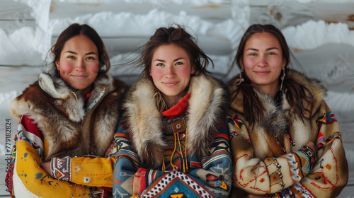 Three Indigenous women in traditional clothing smiling confidently. Pride, Empowerment and Cultural Significance. photo