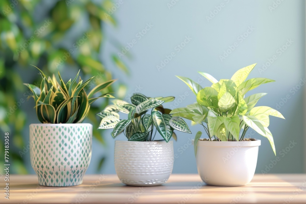 Three potted plants arranged neatly on a wooden table. Suitable for home decor or gardening concepts Three potted plants arranged neatly on a wooden table. Suitable for home decor or gardening concepts