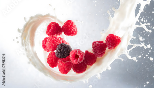 Visual Representation of the Moment a Falling Berries Collides with Water and Milk, Transformed into an Artistic Scene. Splashes.
